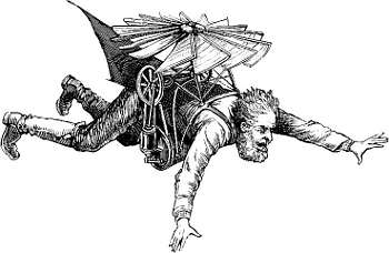 Print of a man using a fanciful personal flying device